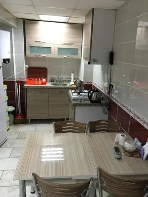 a kitchen with a table and chairs and a sink at Birinci Apart Hotel in Istanbul