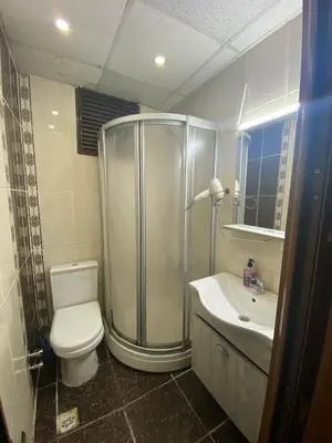 a bathroom with a shower and a toilet and a sink at Birinci Apart Hotel in Istanbul