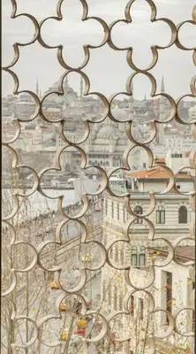 a view of a city through an iron gate at Khai Karaköy in Istanbul