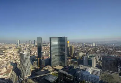 an aerial view of a city with tall buildings at Gorgeous Corner Deluxe 1BD CondoPoolViews! #133 in Istanbul