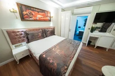 a bedroom with a large bed and a television at Solomon's Mansion Hotel Istanbul in Istanbul