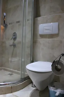 a bathroom with a shower and a toilet and a sink at Grand Peninsula Hotel in Istanbul