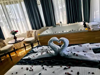 two swans laying on top of a bed with a piano at Newalla Hotel Old City in Istanbul