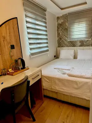 a small room with a bed and a desk and a desk at Newalla Hotel Old City in Istanbul