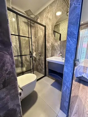 a bathroom with a shower and a toilet and a sink at Ada Life Hotel in Istanbul