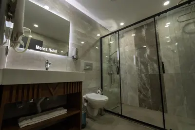 a bathroom with a shower and a toilet and a sink at Meros Hotel in Istanbul