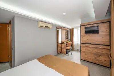 a bedroom with a bed and a dresser with a tv at Boutique Dedem Hotel Sultanahmet in Istanbul
