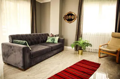 a living room with a leather couch and a red rug at Doğanın Kalbindeki Eviniz-6 Kişi in Gemlik