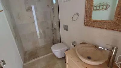 a bathroom with a shower and a toilet and a sink at The Roof Ada in Adalar