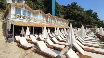 a bunch of lounge chairs and umbrellas on a beach at The Roof Ada in Adalar