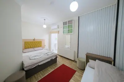 a bedroom with a bed and a red rug at Halil Bey Konağı in Istanbul