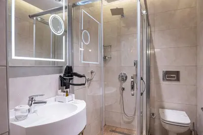 a bathroom with a shower and a sink and a toilet at Pera Luna Premium Hotel in Istanbul