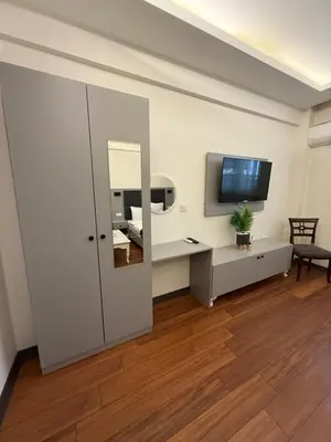 a living room with a tv and a desk with a mirror at Taksim Nova homes in Istanbul