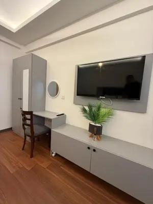 a living room with a desk and a television on a wall at Taksim Nova homes in Istanbul