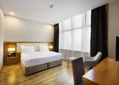 a hotel room with a bed and a desk at Hilton Garden Inn Kocaeli Sekerpinar in Şekerpınarı