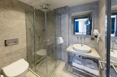 a bathroom with a shower and a toilet and a sink at AHG Atlas Hotel Taksim in Istanbul