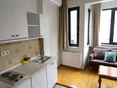 a kitchen with a sink and a couch in a room at Istanberry - Vanilla Apartments in Istanbul