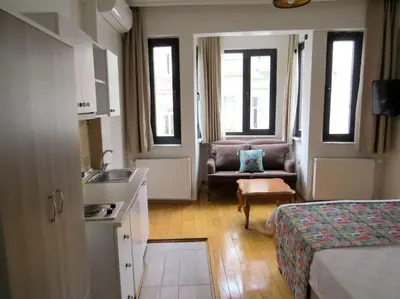 a hotel room with a bed and a sink and a couch at Istanberry - Vanilla Apartments in Istanbul