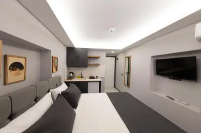 a living room with a couch and a flat screen tv at Aya Langa Guest House in Istanbul