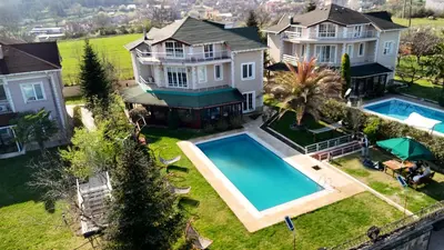an aerial view of a house with a swimming pool at Villa Moon in Gebze
