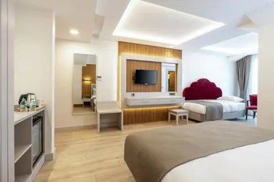 a hotel room with two beds and a flat screen tv at Carina Gold Hotel And Restaurant in Istanbul
