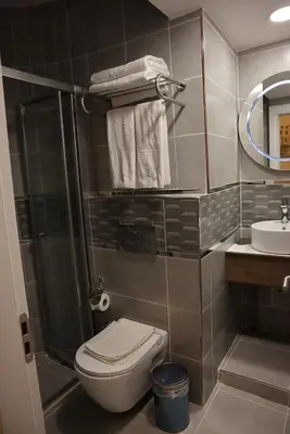 a bathroom with a shower and a toilet and a sink at Galata istanbul Hotel in Istanbul