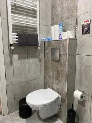 a small bathroom with a toilet and a window at K&Y Apartments in Taksim 2 in Istanbul