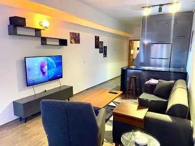 a living room with a couch and a tv at Cosy flat nearTaksim/Nişantaşi in Istanbul