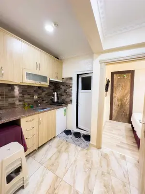 a large kitchen with wooden cabinets and a window at Öz Dünya Suites Apartment in Istanbul