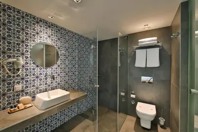 a bathroom with a toilet and a sink and a mirror at Alilass Hotel in Istanbul