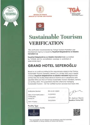 a permit for a sustainable tourismendarizationocument at Grand Hotel Seferoğlu in Istanbul