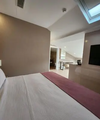 a bedroom with a large bed and a television at Villa No 44 in Darıca
