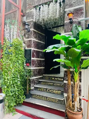 a set of stairs with plants and a welcome sign at Taksim Centre Hotel in Istanbul