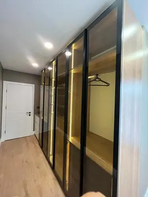 a hallway with a walk in closet with glass doors at Serim Residence in Kocaeli