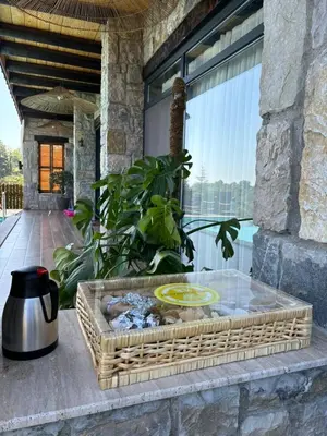 a stone house with a water fountain in a basket at Mjoraste Sapanca Boutique Villas in Sapanca