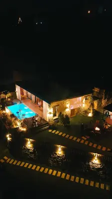 an overhead view of a building with a swimming pool at night at Mjoraste Sapanca Boutique Villas in Sapanca