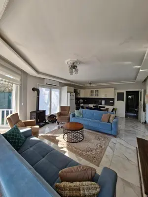 a large living room with blue couches and a fireplace at Grandvadi Villa kapalı ısıtmalı havuz in Sapanca