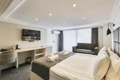 a hotel room with a bed and a desk and a chair at Stamboul Hotel & Suites in Istanbul