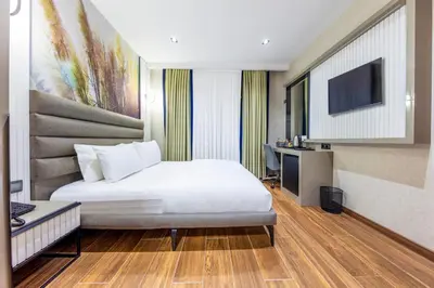 a hotel room with a bed and a television at Dem Premium Hotel - Round Trip Airport Service - Istanbul International Airport in Arnavutköy