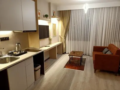 a kitchen with a sink and a couch in a room at NEW FALCON Palas OTEL in Istanbul