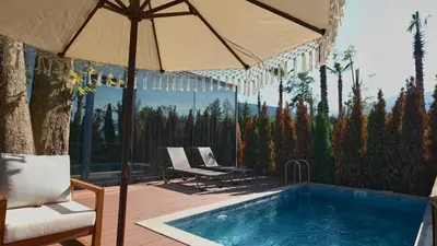 a swimming pool with an umbrella and chairs next to a deck at Velour Hotel Spa Restaurant in Sakarya