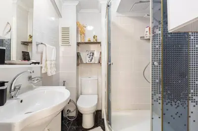 a bathroom with a toilet and a sink and a shower at Practical and Cozy Flat Near Taksim İstikal in Istanbul