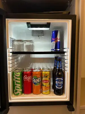 a refrigerator filled with cans and bottles of soda at Palma Suites in Istanbul