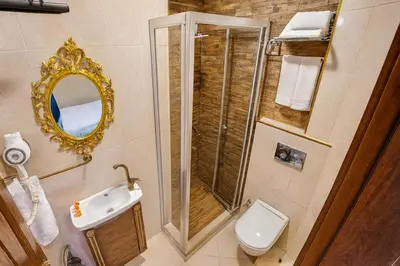 a bathroom with a shower and a toilet and a sink at BeyPort Hotel Istanbul in Istanbul