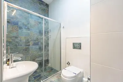 a bathroom with a shower and a toilet and a sink at Beautiful Bright Cool Modern 1BD Balat Loft! #329 in Istanbul