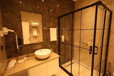 a bathroom with a sink and a glass shower at Green Roof Boutique Hotel & SPA Istanbul Airport in Terkos