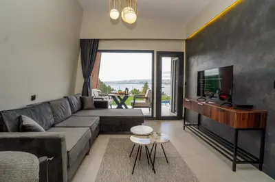 a living room with a couch and a television at Lake Look Sapanca in Sapanca