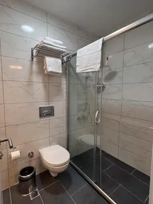 a bathroom with a toilet and a glass shower at Galata Inn Hotel in Istanbul