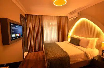 a hotel room with a bed and a flat screen tv at Mara Oldcity Hotel in Istanbul