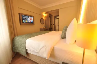 a hotel room with a bed and a tv at Mara Oldcity Hotel in Istanbul